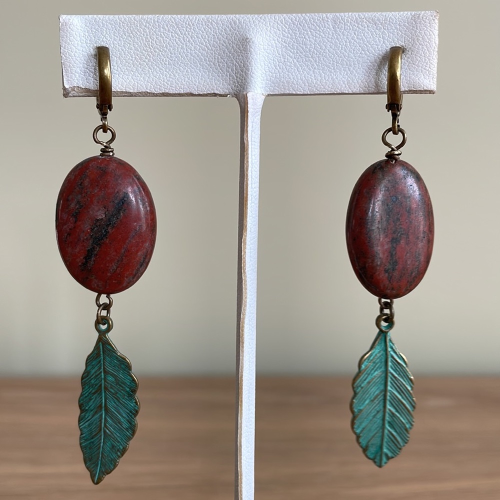 HAND CRAFTED EARRINGS Boho Brown Zoisite Ovals Mint Green Patina Brass Leaves - Picture 8 of 12